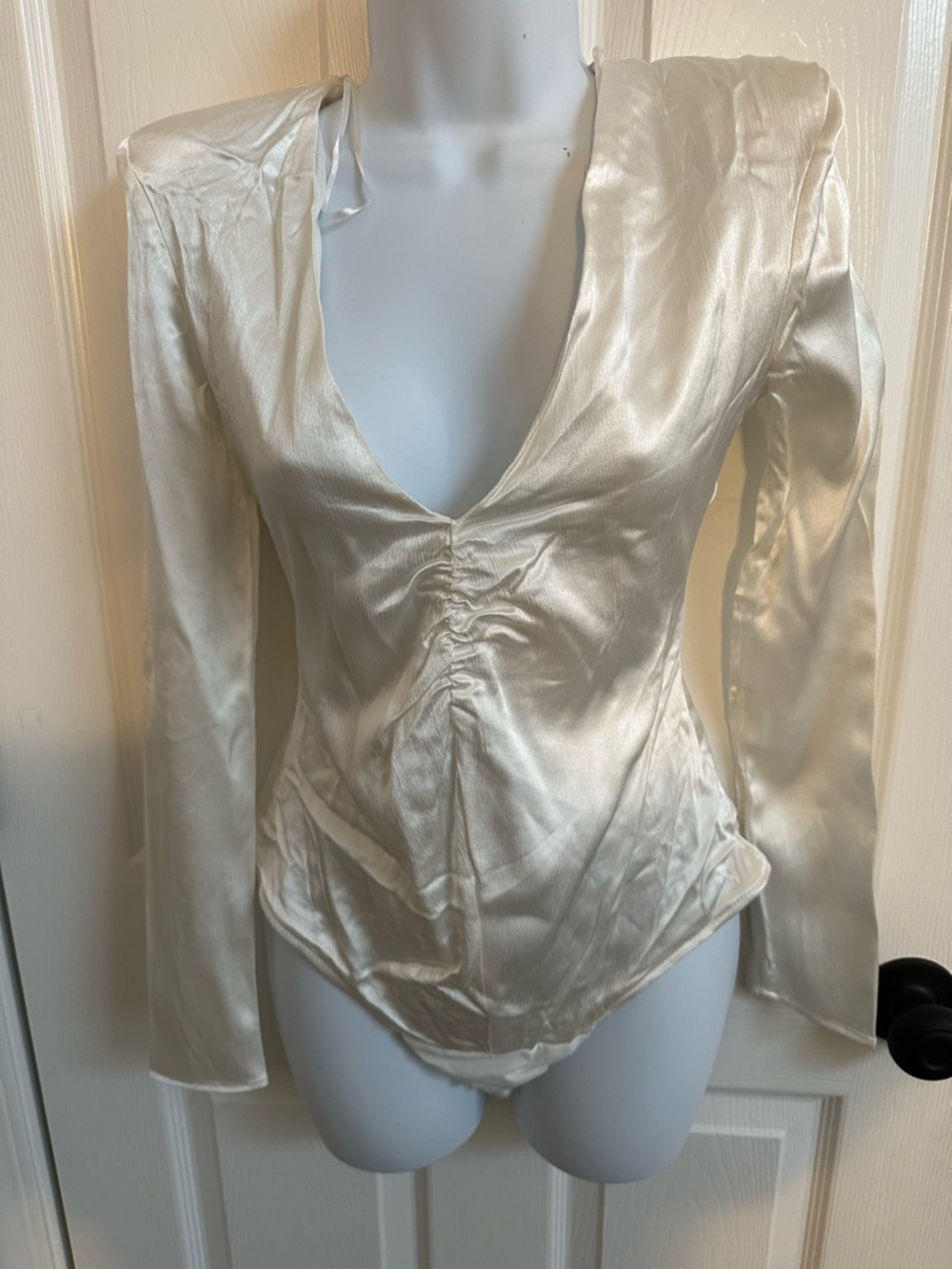Zara Cream Satin V-Neck Long Sleeve Bodysuit